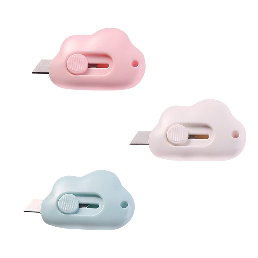 Cute Retractable Box Cutters, 3 Utility Knife, Sharp Cartons Cardboard Cutter Razor Knife for Craft, Smooth Mechanism Perfect for Office School and Home Use