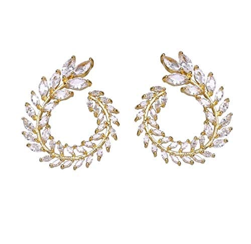 Naritva Copper Olive Branch Leaf Shaped Cubic Zircon Stud Earrings for Women