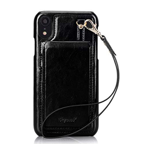 Skycase iPhone Xr (6.1") 2018 Case, iPhone Xr Wallet Case, Premium Leather Case Cover with Detachable Hand Strap, Card Slots and Makeup Mirror for iPhone Xr (6.1") 2018, Black