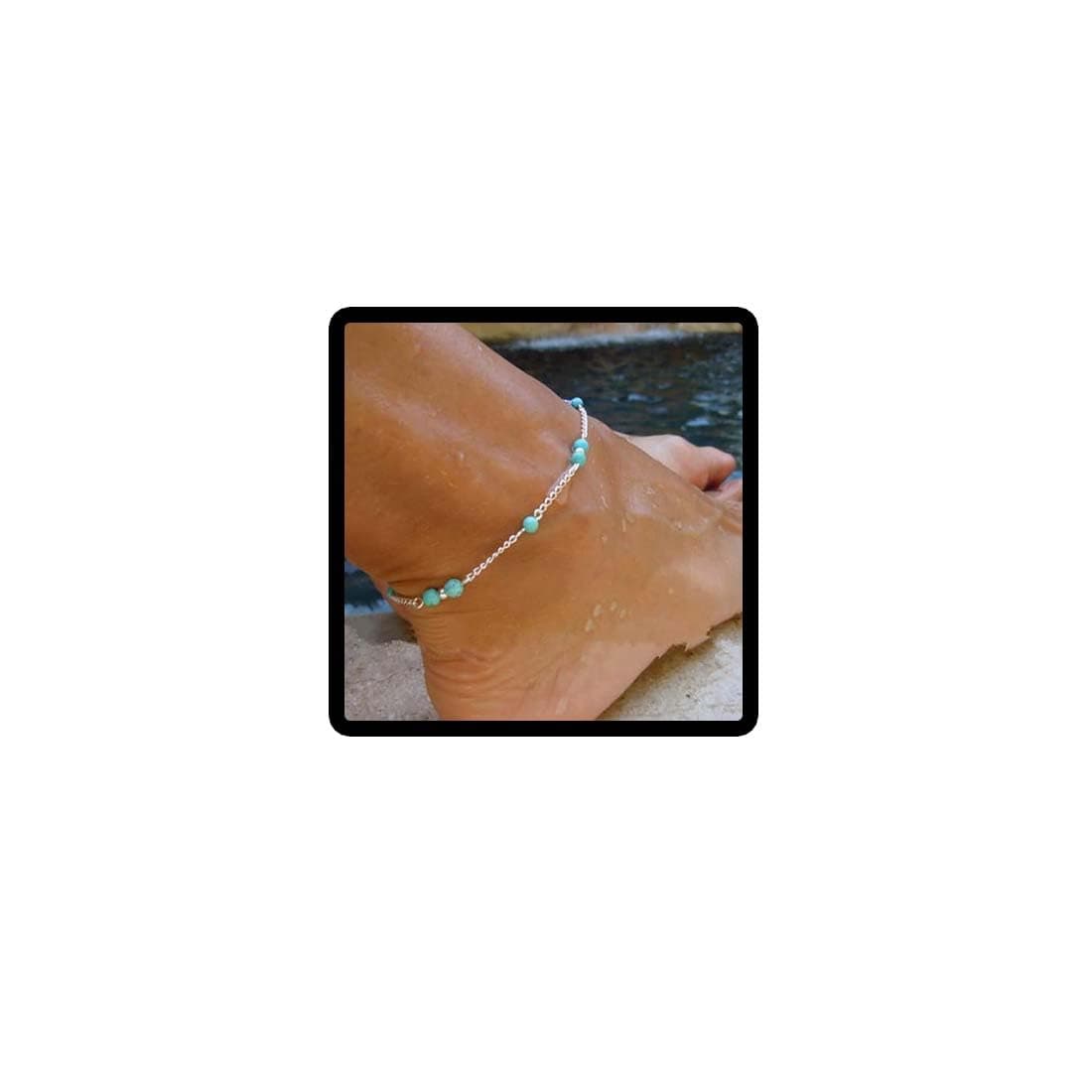Boho Turquoise Anklets Silver Beaded Anklet Bracelets Beach Accessories Foot Jewelry Adjustable for Women and Girls