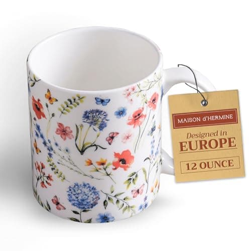 Maison d' Hermine Coffee Mug with Handles Fine Bone China Mugs Pack of One Tea Cups for Hot Beverages Cappuccino Latte Home Restaurant Office Perfect for Gift (Just Floral - Blues 'N Redz, 12 Ounce)