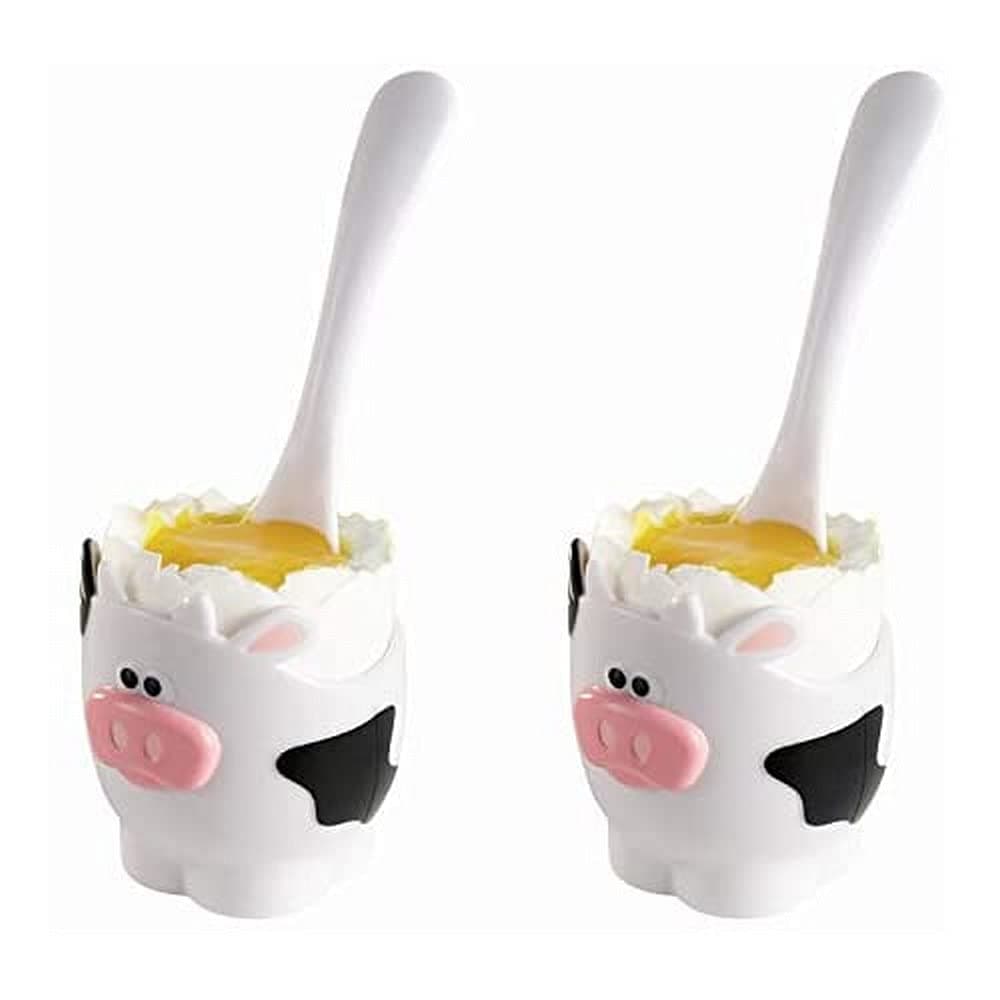 Cow Egg Cup and Spoon Set, 2-Piece Soft-Boiled Egg Holder, White, 1 count