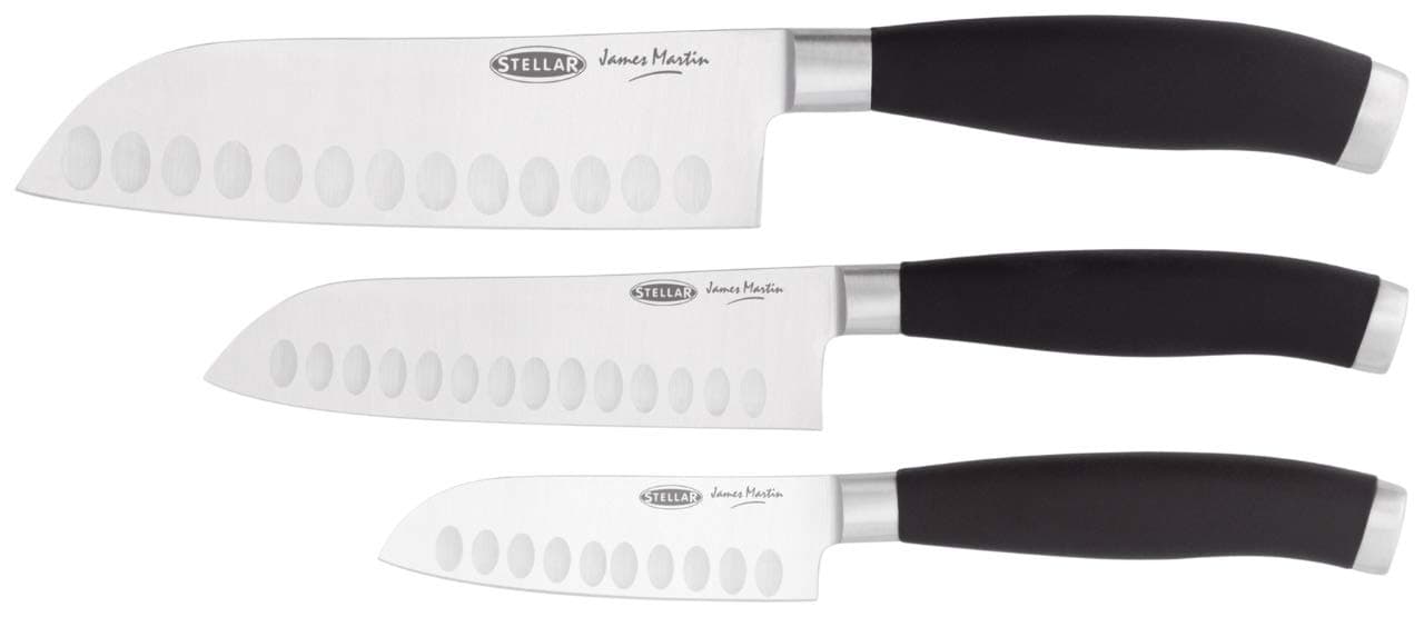 James Martin Kitchen Knife Set, 3 Piece Set Santoku Kife Gift Box Set, Carbon Stainless Steel, Razor Sharp Blades, Anti-Slip Handles