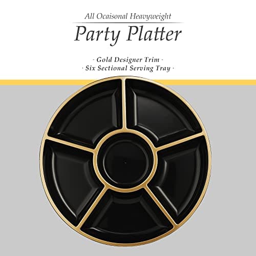 PLASTICPRO 6 Sectional Round Plastic Serving Tray/Platters Black & Gold Pack of 2
