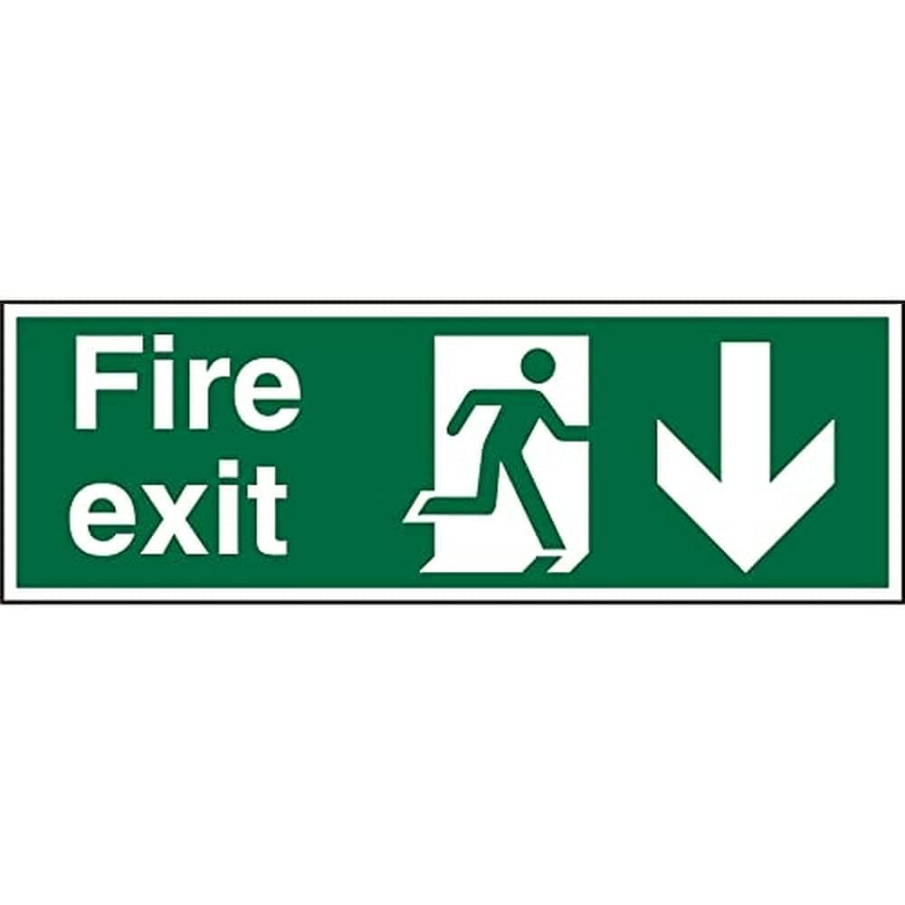 Seco Fire Exit - Fire Exit, Man Running Right, Arrow Pointing Down Sign, 450mm x 150mm - Self Adhesive Vinyl, White