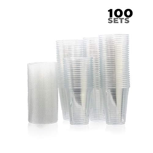 Disposable Plastic Cups with Lids by HME Houseware [100 Sets] |Anti-Leak, Crystal Clear Mugs with Flat Covers &Straw Holes | BPA-Free, Multipurpose Liquid Containers for Hot & Cold Drinks & Beverages