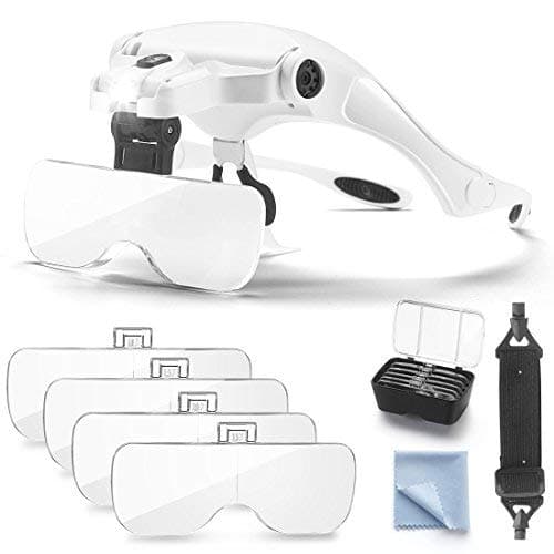 Magnifying Glass with Light for Close Work, Headband Lighted Magnifier with 5 Lenses for Jewelry, Arts, Crafts, Knitting, Cross Stitch, Stamp Kit, Needle Works, Crochet and DIY,Magnifying gla