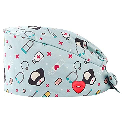 Honestyivan Unisex Print Working Caps with Button for Holding Mask, Work Hat Bouffant Hat with Sweatband Green