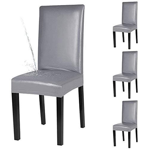 Dining Chair Covers, Solid Pu Leather Waterproof and Oilproof Stretch Dining Chair Protector Cover Slipcover (Pure Grey, 4 Pack)