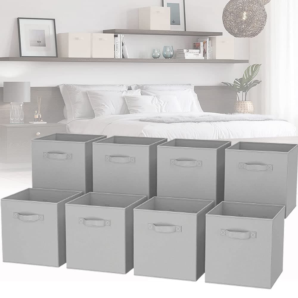 Vibefire Storage Cubes - 28cm/11 Inch Cube Storage Bins (Set of 8). Fabric Cubby Organizer Baskets with Dual Handles | Foldable Closet Shelf Organization Boxes (Gray)