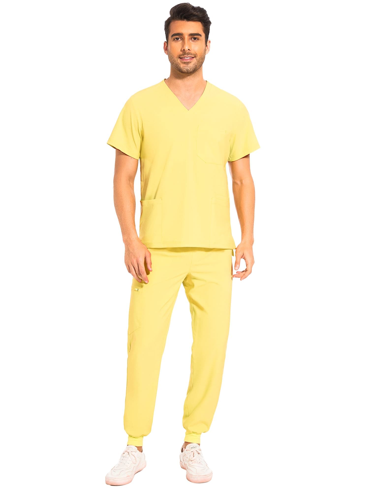 COZYFIT Men Scrubs Set — Stretch V-Neck Scrub Top & Jogger Pant with 8 Pockets, Yoga Waistband, Anti-Wrinkle Scrubs for Men, Lemon Yellow, 3X-Large-Tall