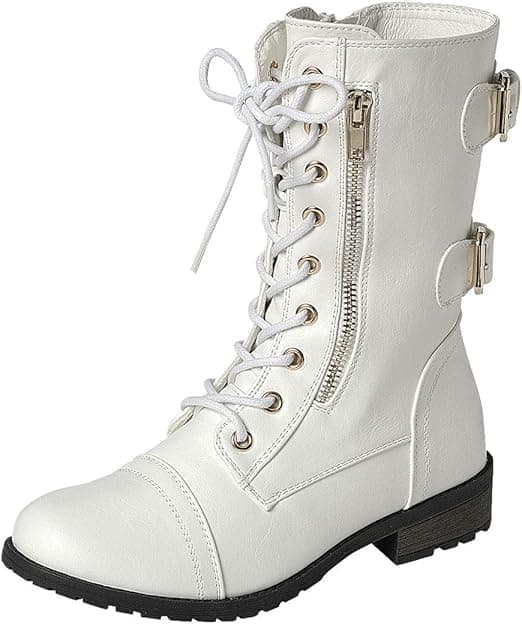 Link Women's Military Stlye Boots,White Pu,8.5