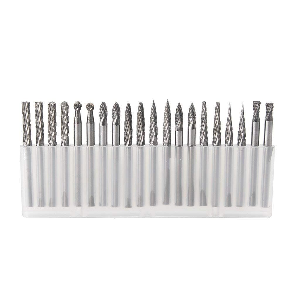 20pcs Solid Carbide Burr Set 0.118‘’（3mm）shank Tungsten Carbide Rotary Files Burrs with 3mm Cutting Head diameter Fits Most Rotary Drill Die Grinder for Woodworking,Engraving,Drilling,Carving