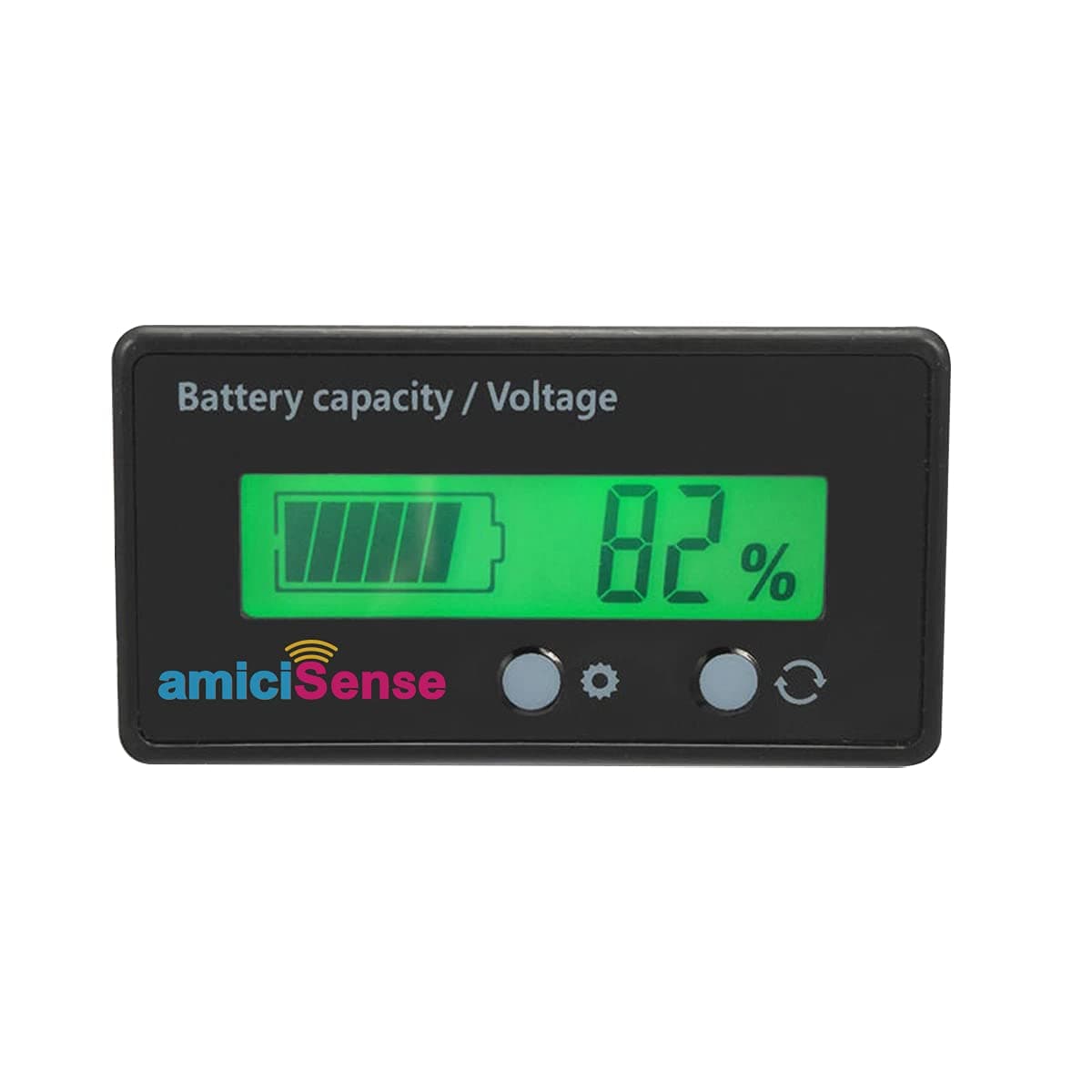 amiciSense 8~70V Battery Capacity Indicator for Lead Acid Battery, Check Battery Voltage and Charge Percentage of E-Rickshaw and E-Bikes, Green Display