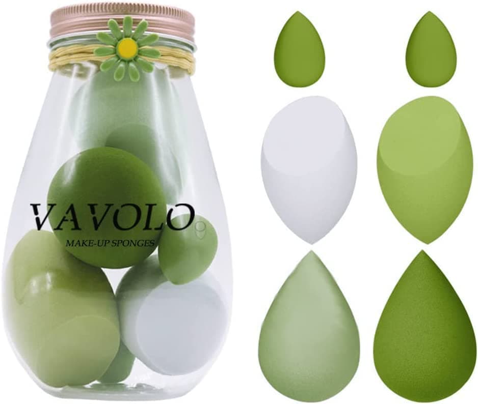 6pcs Daiso Pink Series Multi-color Makeup Sponge Set, Foundation Blending Beauty Blender, Flawless for Liquid Creams and Powders (C-Green)