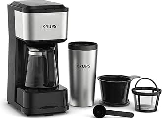 KRUPS: 2 Cup Coffee Maker Simply Brew Stainless Steel, Drip Coffee Maker 14 Ounce Thermal Travel Tumbler, Glass Carafe, 650 Watts Drip, French Press, Espresso, Pour Over, Cold Brew Black