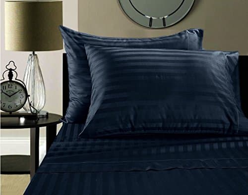 Universal Bedding Luxury 100% Egyptian Cotton 500 Thread Count Damask Stripe Sheet Set Queen Navy Blue