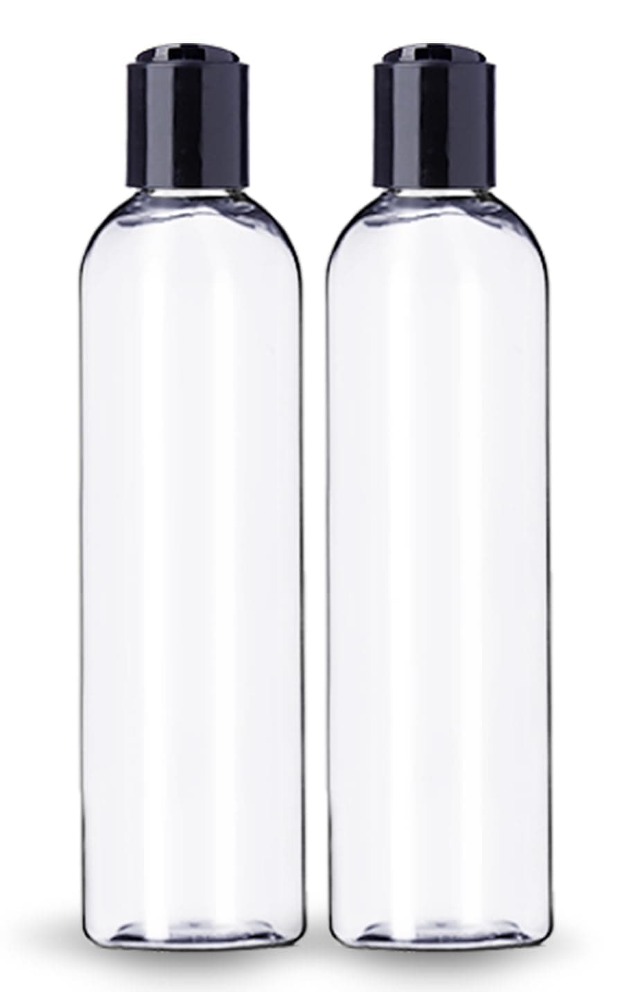 8 oz Clear Plastic Empty Bottles with Black Disc Top Caps, Refillable Containers for Shampoo, Lotions, Cream and More Pack of 2, BPA Free, Made in USA