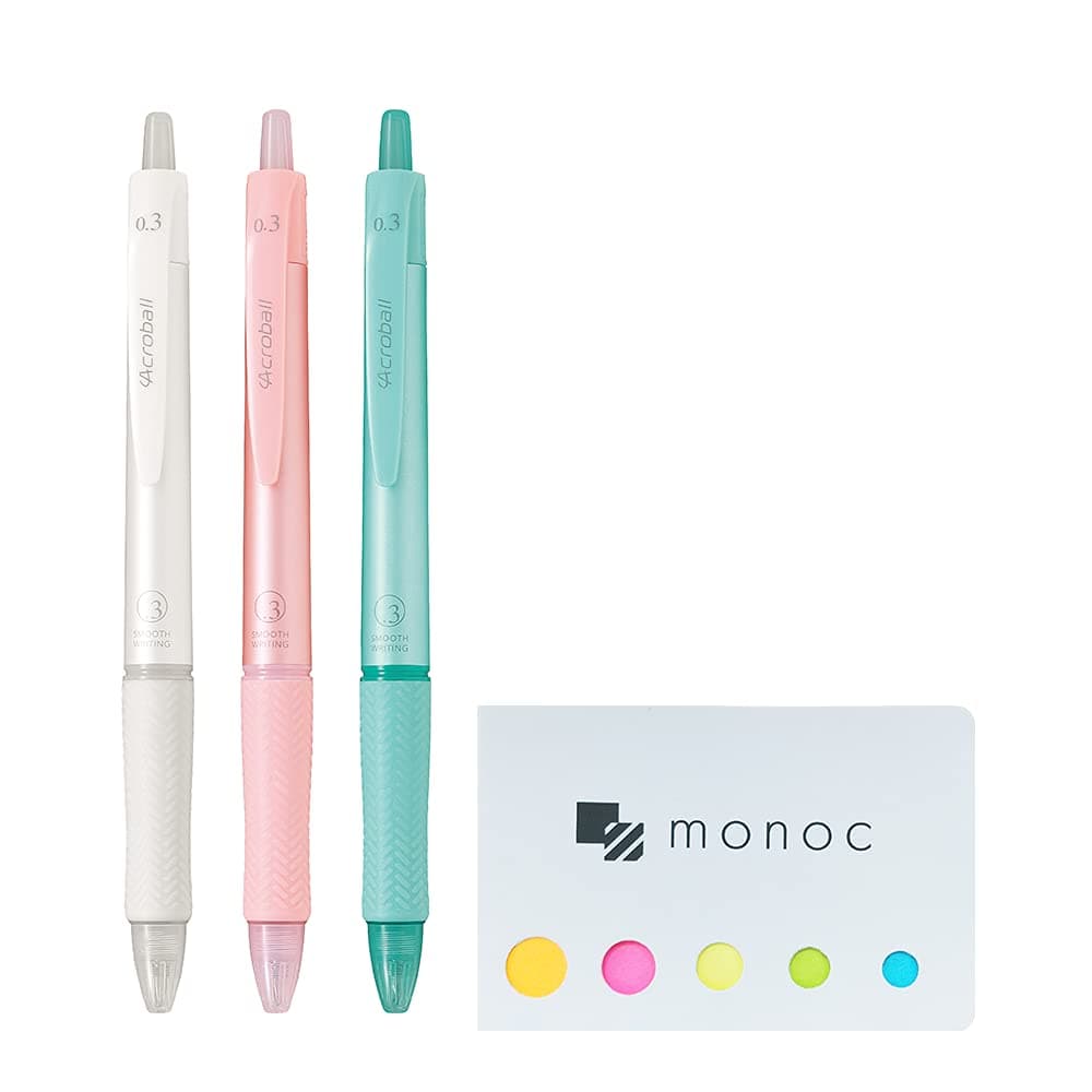 Pilot Acroball T series, Retractable Ballpoint Pen, 0.3mm Black Ink, 3 Body Colors(Natural Color) set Sticky Note(Japan Import)