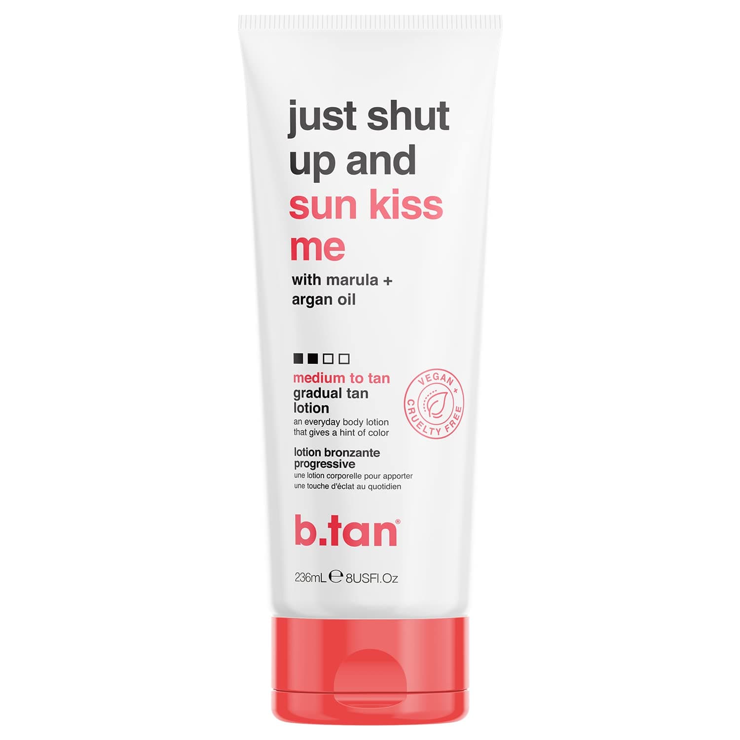 Medium Gradual Self Tanning Lotion | Just Shut Up and Sun Kiss Me Everyday Glow Lotion - Develop a Bronzed Glow, Infused With Marula + Argan Oil, Vegan, Cruelty & Paraben Free, 236ml