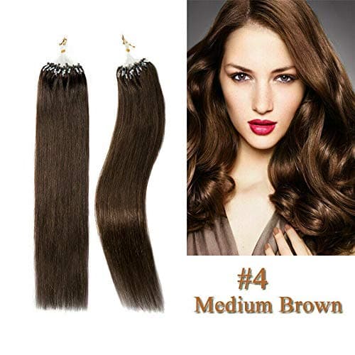 100s 16'' 18'' 20'' 22'' 24'' 26'' Loops Micro Rings Beads Tipped Remy Human Hair Extensions Straight 10 Colors in Women Beauty Style (20inch 0.5g/s 100s each pake, 04 medium brown)