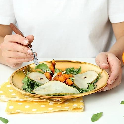 8-piece 6.5-inch appetizer plate with stand set Gold silver stainless steel round plates Suitable for cakes desserts, salads, dips, snacks, side dishes (Gold, 6.5inch)