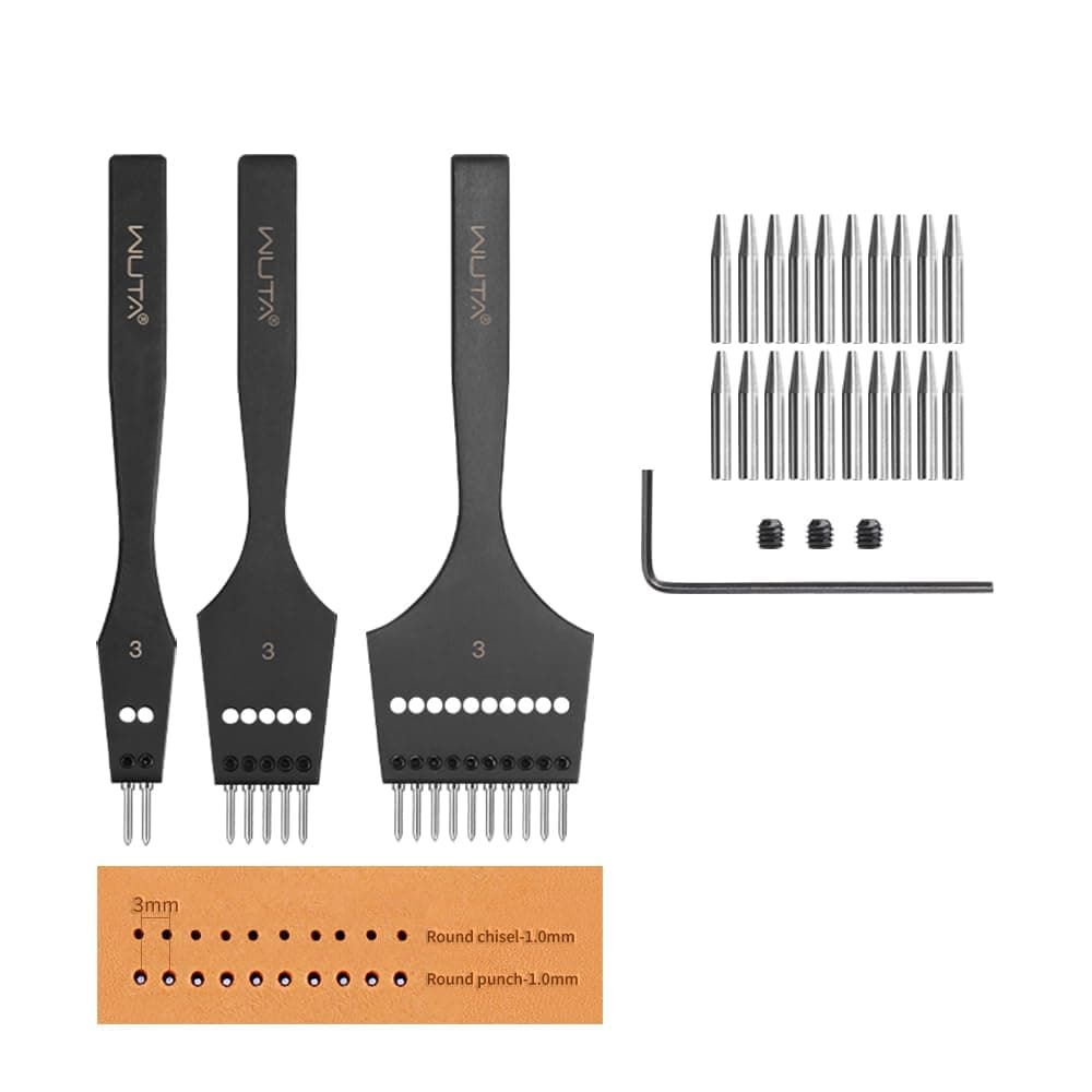 WUTA Removable Circle Leather Hole Punch Lacing Stitching Professional Working Hand Tool Kit Round Hole Puncher Craft Chisel Cutting Punches Kits 2nd Generation 3mm-(2+5+10)