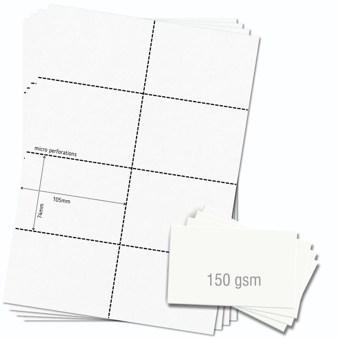 OfficeGear A7 Cards 8-up [25 Sheets - 200 Pack] Perforated Printable Record Index Study Refill Cards 74x105mm 2.9x4.1in - White A4 Sheet 150gsm - Free Design Template