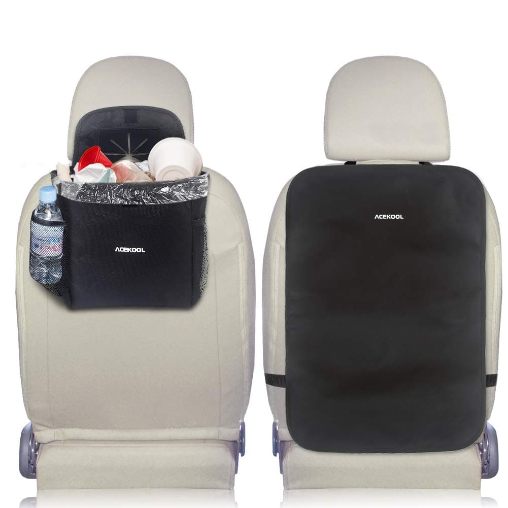 Acekool Car Kick Mats(2 Pack) - Waterproof Car Seat Back Protectors Car Seat Organizers with Multi Pockets for iPad Tablet Tissue Box Bottle and Baby Travel Accessories (Kick Mat+Trash Can)