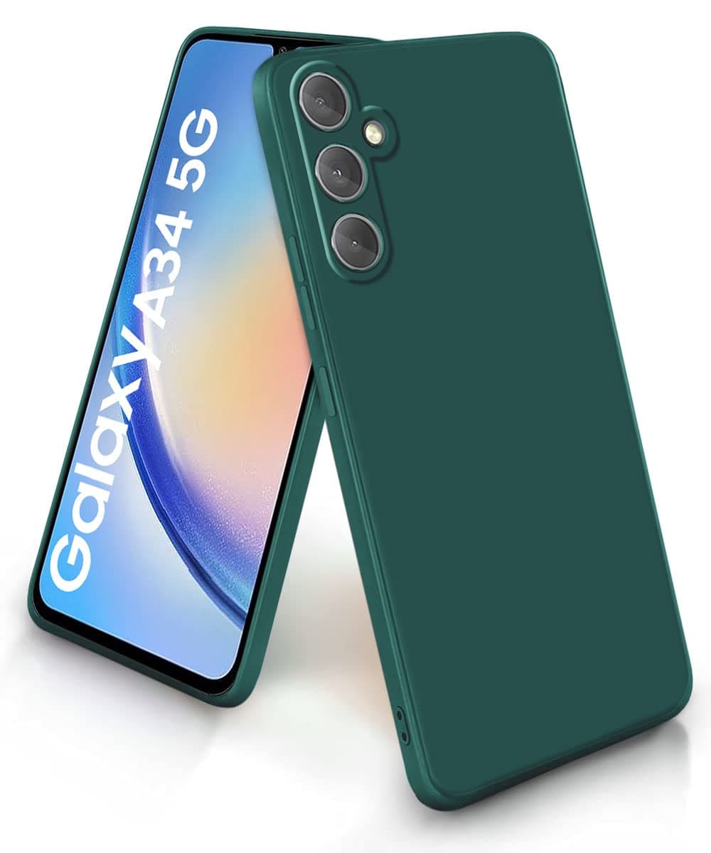 BASECASE Inner Velvet Fabric Lining Silicone Back Case for Samsung Galaxy A34 5G | Matte Finish | Flexible Ultra Soft TPU | Camera Protection Bump | Shockproof Rubberised Protective Cover - Green