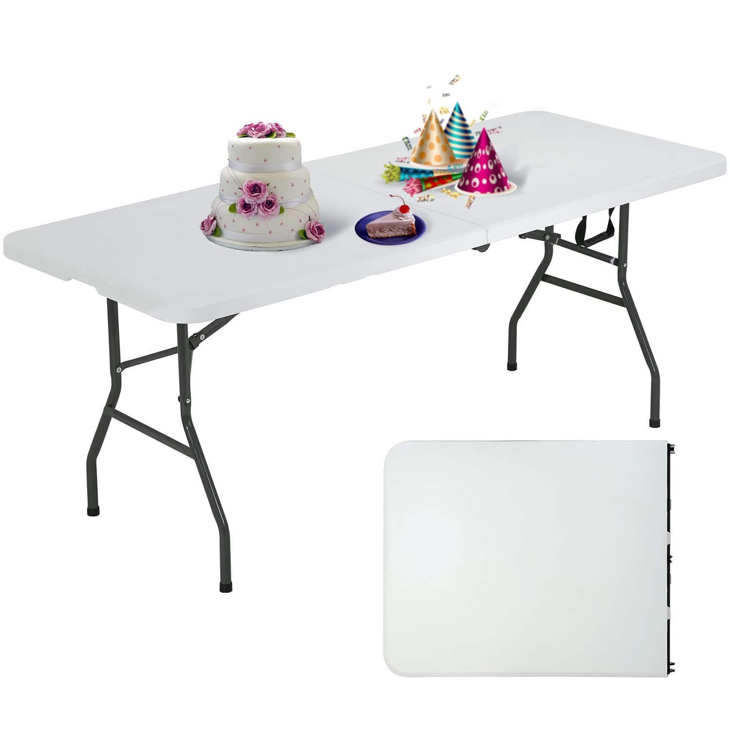 Folding Table 6ft Plastic Table Camping Table Foldable Adjustable for Picnic,Camping,Kitchen, Party Outdoor Indoor (White)