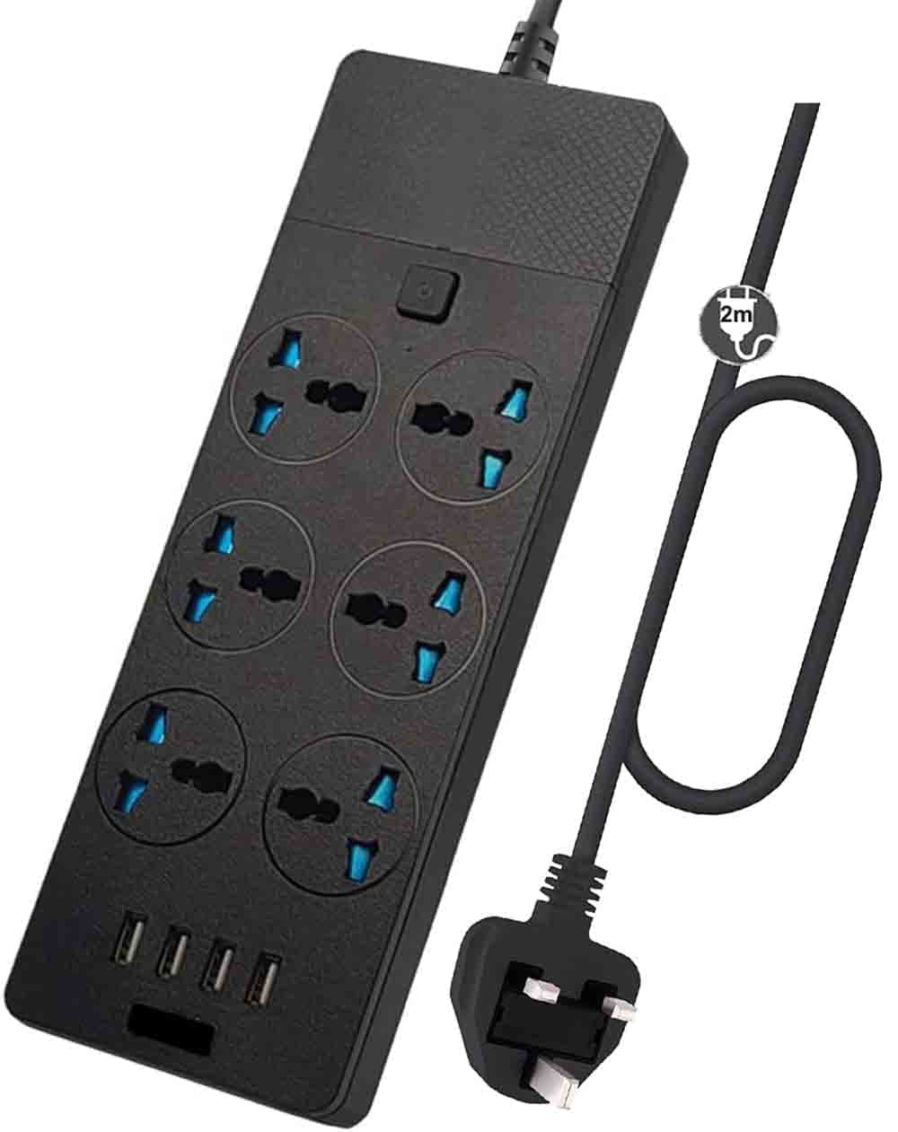 Extension Lead Cord, 2 Meter Power Strip Plug Adapter with 6 Way Power Extension Cord 4 USB Ports Cable Surge Protector (T12,Black)