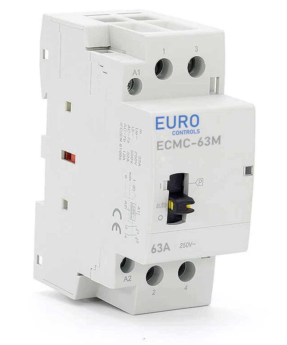 EuroControls Din Type 63 Amps 2 Pole Modular Power Contactor 220 Volt AC with Manual Override - Low Switching Noise - 2 Pole Mcb size
