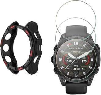 Watch Screen Protector Compatible for Garmin Tactix 8 AMOLED 47mm Smartwatch, 9H Tempered Glass Protective Film Full Coverage and Soft TPU Protective Case (Tactix 8 AMOLED 47MM black Red)