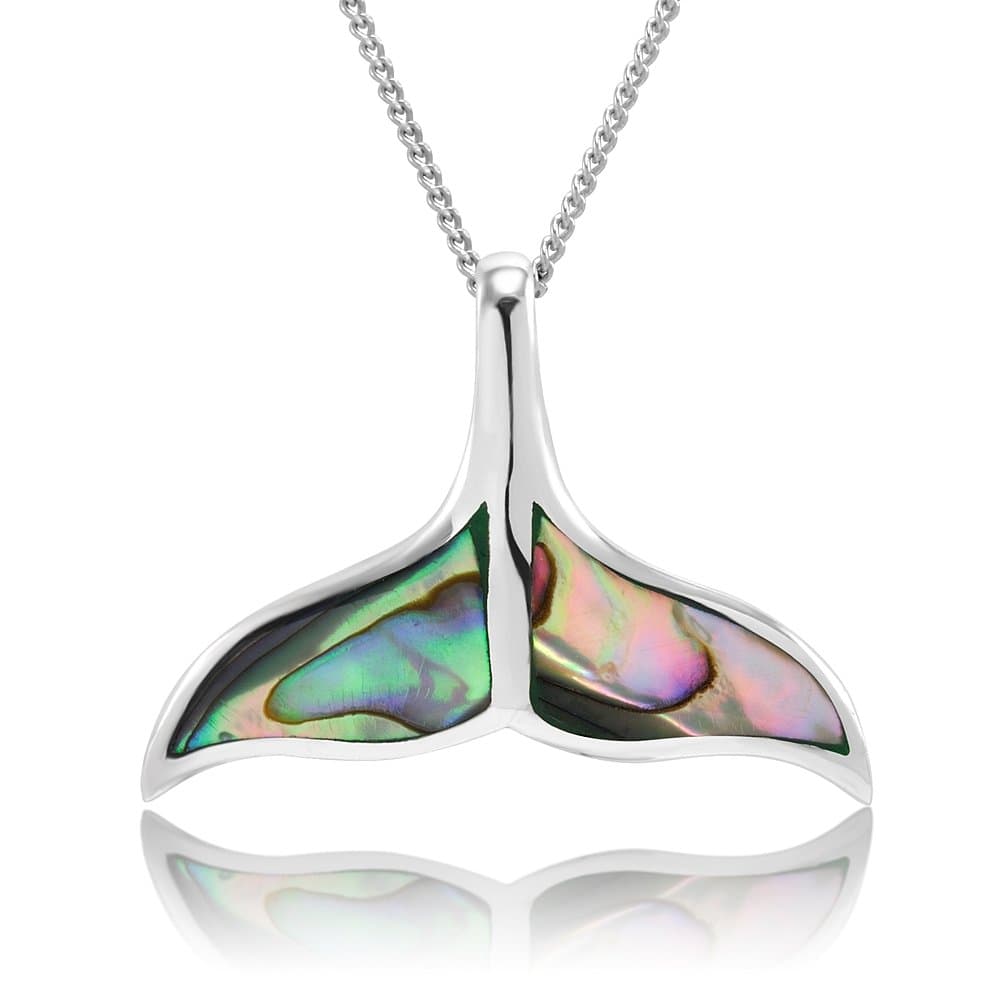 925 Sterling Silver Created Natural Abalone Shell Whale Tail Pendant Necklace 18"