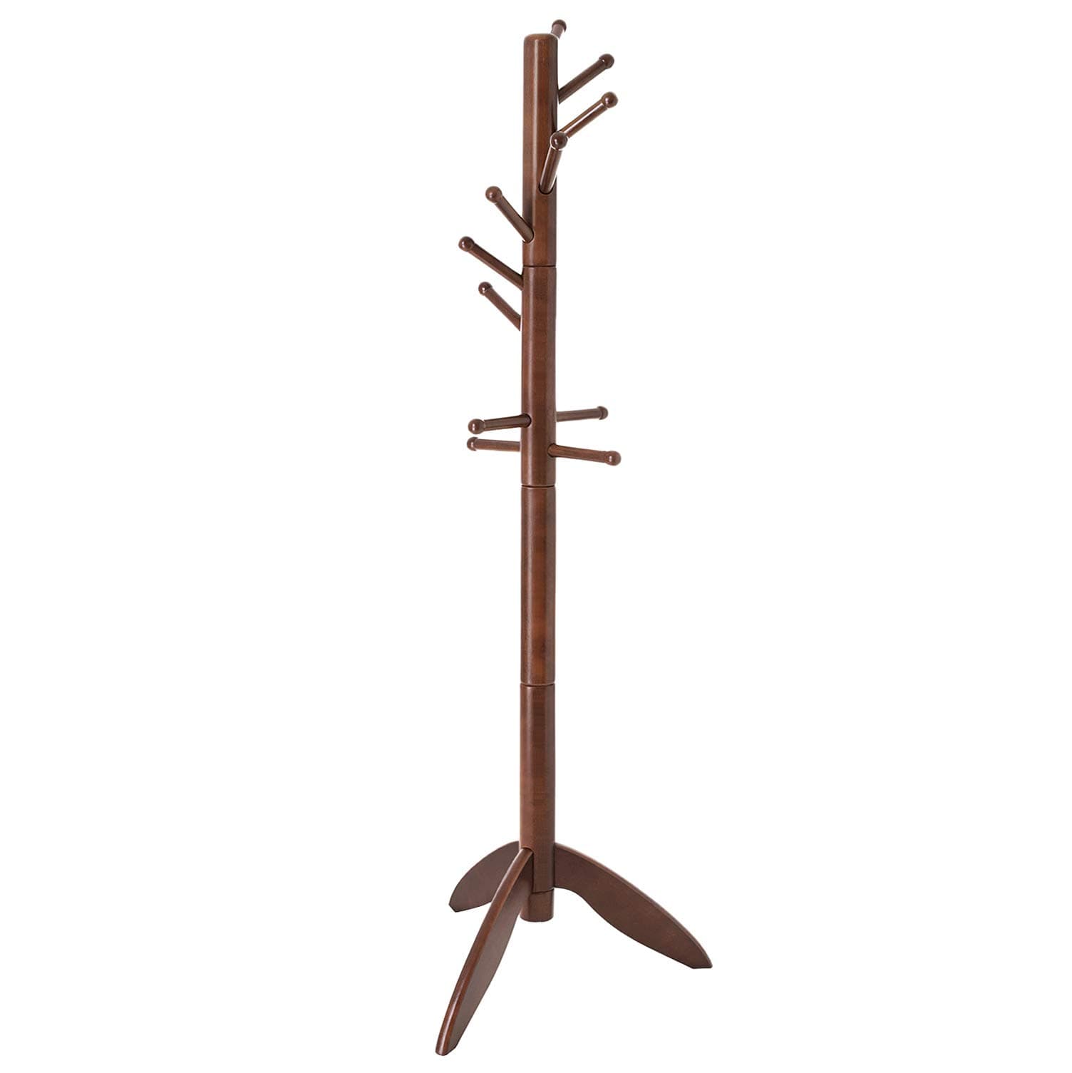 VASAGLE Coat Stand, Solid Wood Coat Rack Free Standing with 11 Hooks, Entryway Hall Tree for Clothes, Hats, Handbags, Rubberwood, Dark Walnut