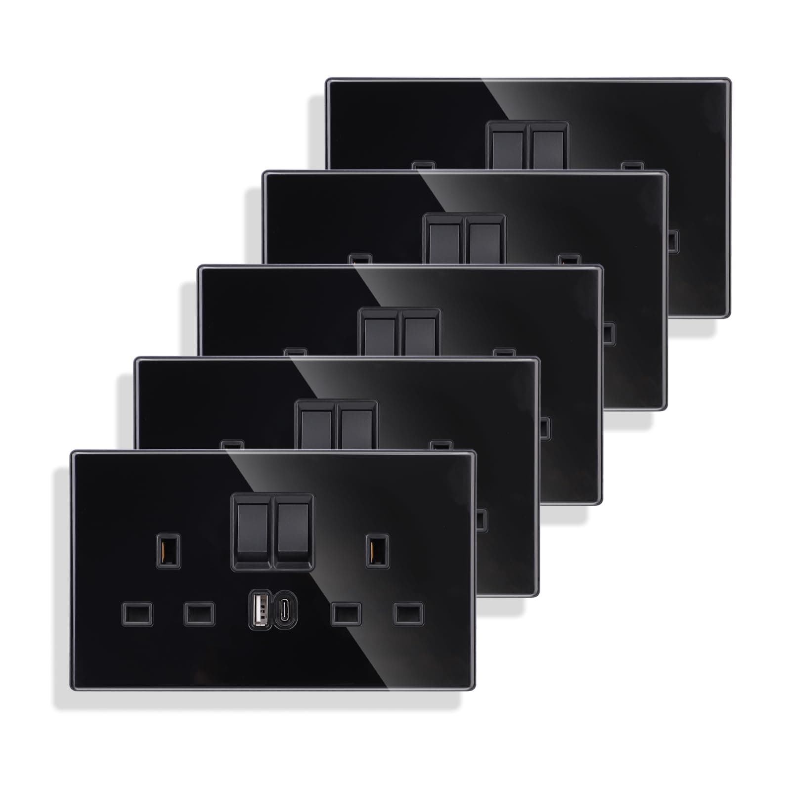 5 Pack Double Switched Socket 13 Amp with USB A and Type C 3.1A Charging Ports Crystal Black Glass Panel Wall Outlet Electric Power Socket