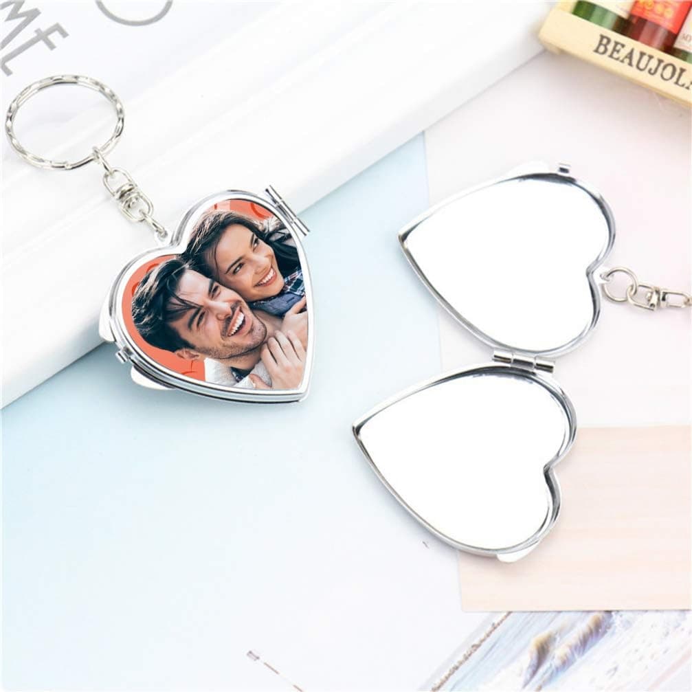 Personalised Heart-Shaped Compact Mirror Keychain, Foldable Metal Design