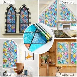 rabbitgoo Stained Glass Window Film Rainbow Film Decorative 3D Privacy Sticker Colorful Lattice Window Decals Cling, Sun Catcher Static Decals for Home 35.4"×157.4"