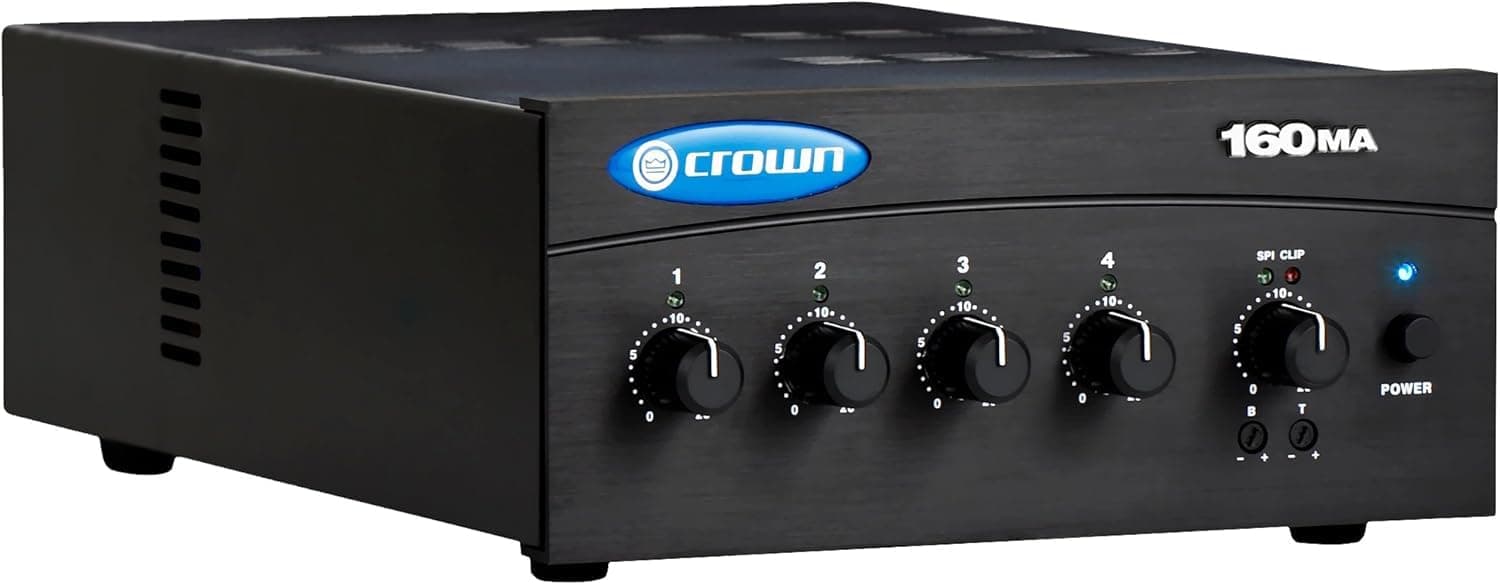 Crown 160MA 4 Input, 4 Channel, 60 Watt Powered Mixer/Amplifier for Paging, Background Music, Music-on-Hold, Installed Sound, 8-Ohm and Constant Voltage Outputs, 70V, Black