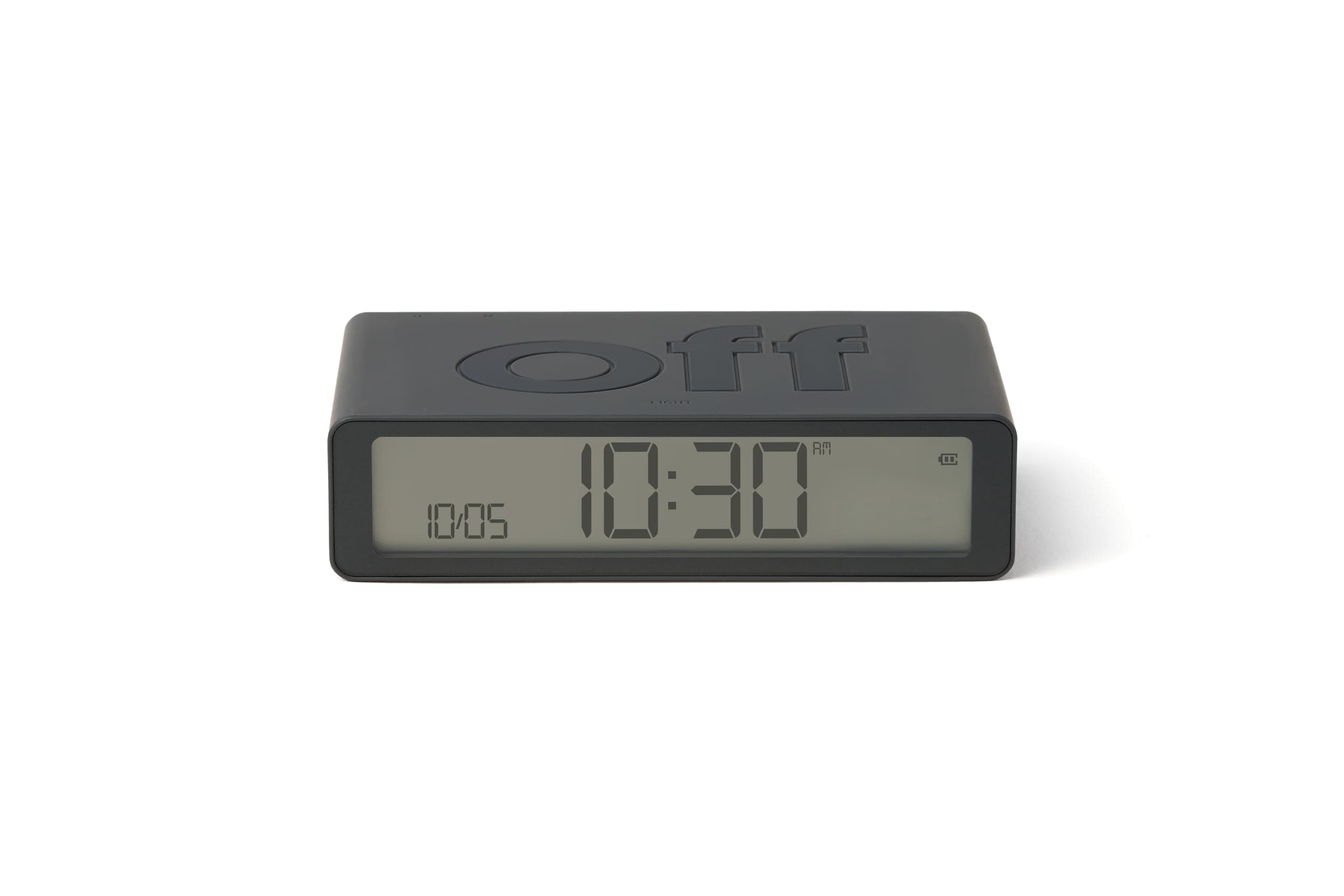 Flip Classic Digital Alarm Clock with Reversible On/Off Faces, Rechargeable bedside clock with LCD display, Touch Sensor for Snooze & Light function - Dark Grey