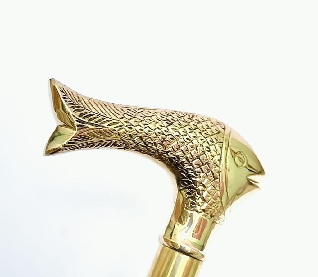 Solid Brass Vintage Style Fish Head Designer Handle for Wooden Walking Cane Stick by H & A Collections