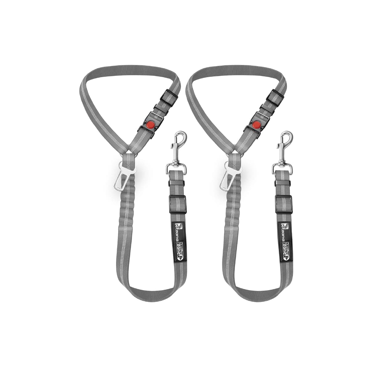 Dog Seat Belt Harness for Car - 2-in-1 Leash and Restraint Secures to Headrest. Adjustable Bungee, Strong, Durable, 360 Degree Swivel Attach Won't Twist, Reflective, Easy to Use (Grey, 2PACK)