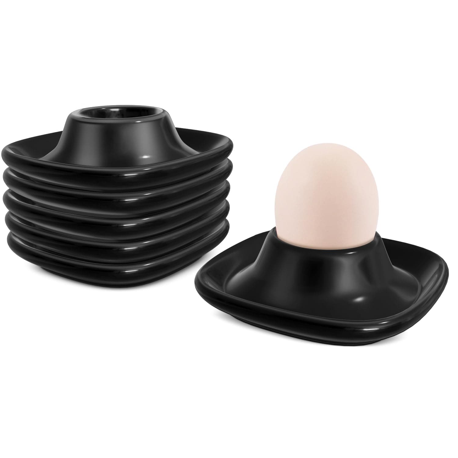 Flexzion Egg Cups for Soft Boiled Eggs - Set of 6 Ceramic Egg Holder - Stackable Egg Coddler Cups with Base for Serving, Breakfast, Brunch - Kitchen Table Decor, Black