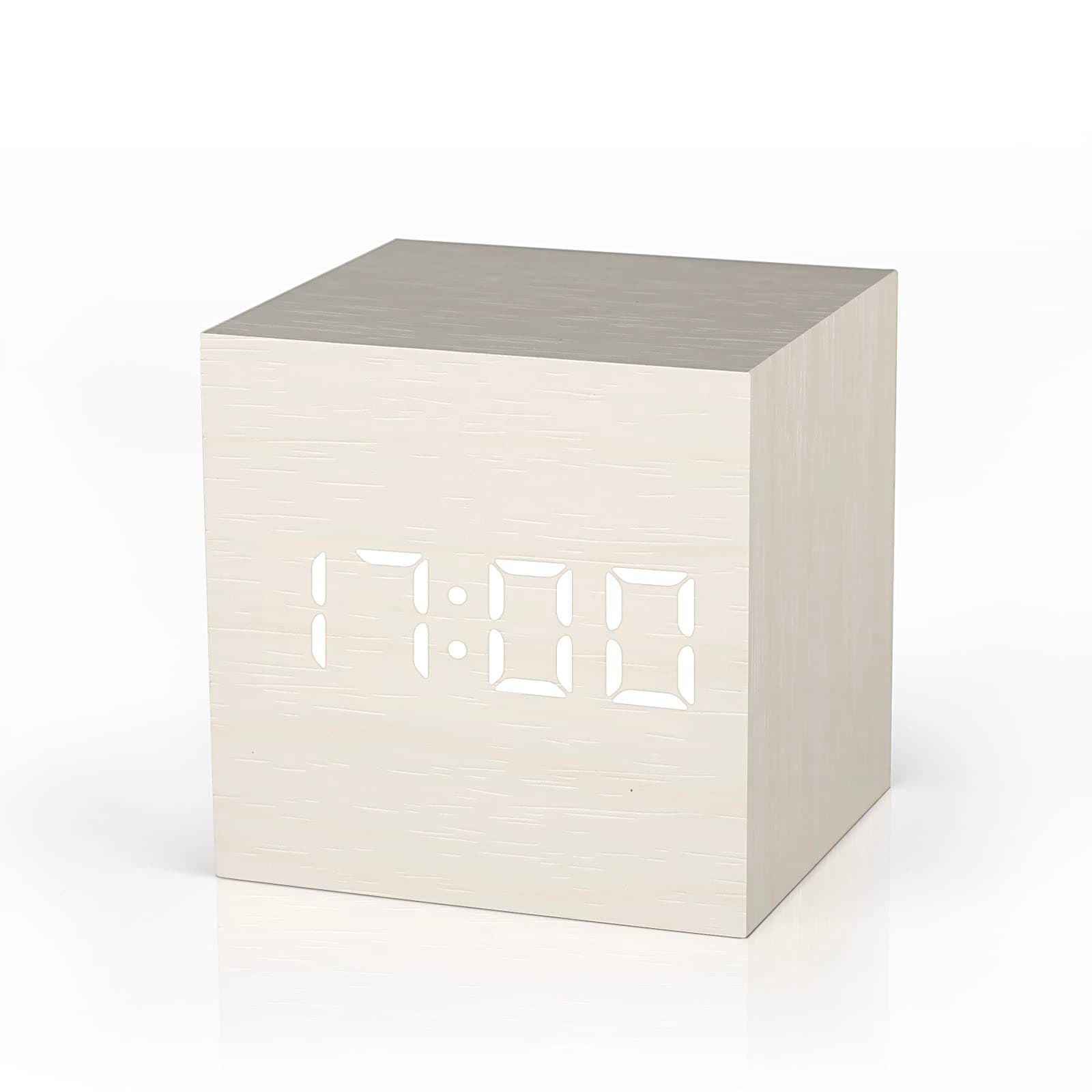 Wooden Digital Alarm Clock Cube Little Clock, LED Table Clock USB/Battery Powered for Heavy Sleepers, Kids, Bedrooms with Adjustable Brightness Voice Control, Brown………