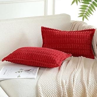Artscope Red Cushion Covers Set of 2 Corduroy Decorative Square Striped Pillowcase with Stitched Edge Pillow Covers 30x50cm for Home Decor Sofa Bedroom Car