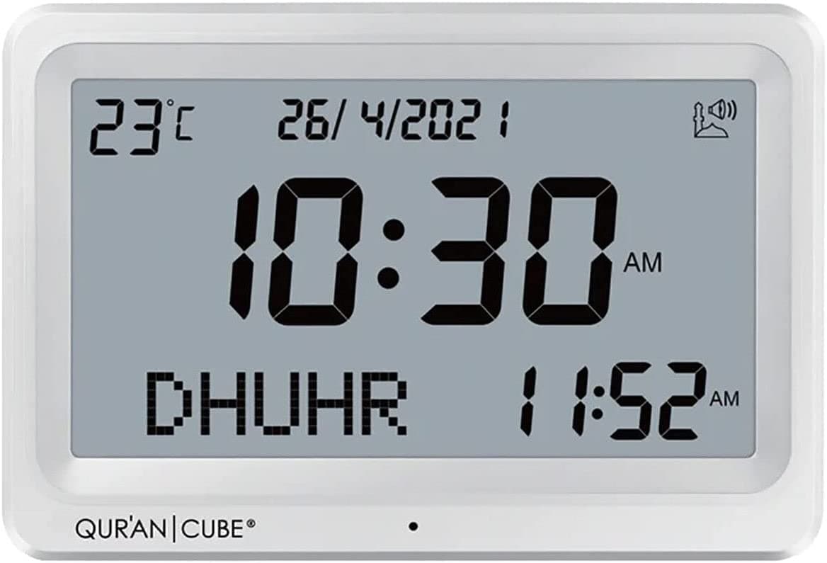 Quran Cube® Azan Alarm Table Clock, Islamic Automatic Prayer Clock, Digital Muslim Athan Prayer Clock, Ramadan Gift Prayer Alarm Clock for All Prayers (White)
