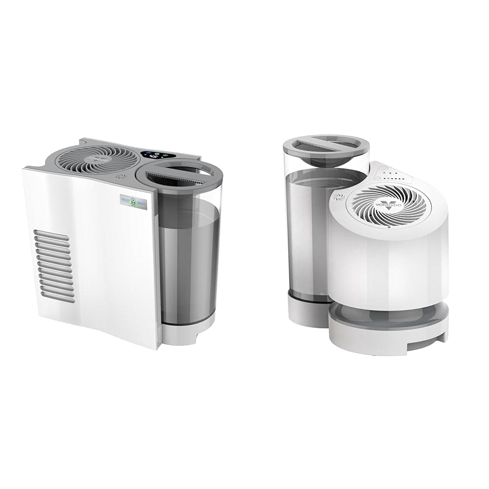 EVDC300 Energy Smart Evaporative Humidifier with Automatic Shut-off, 1 Gallon Capacity, LED Display & EV100 Evaporative Whole Room Humidifier with SimpleTank, 1 Gallon Capacity, White