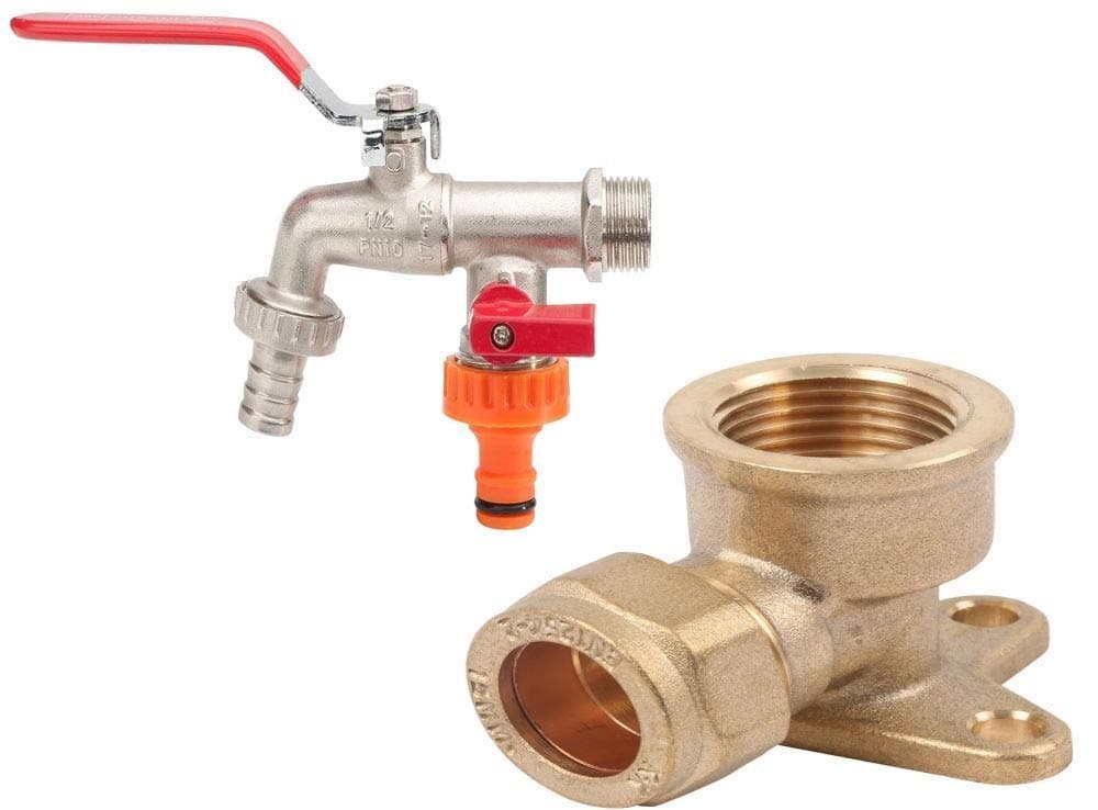 Double Duo Outlet Garden Tap + Compression Fitting Wall Plate Elbow, 15 mm - Brass Wärmer System PSW Trade SUPPLIERS LTD