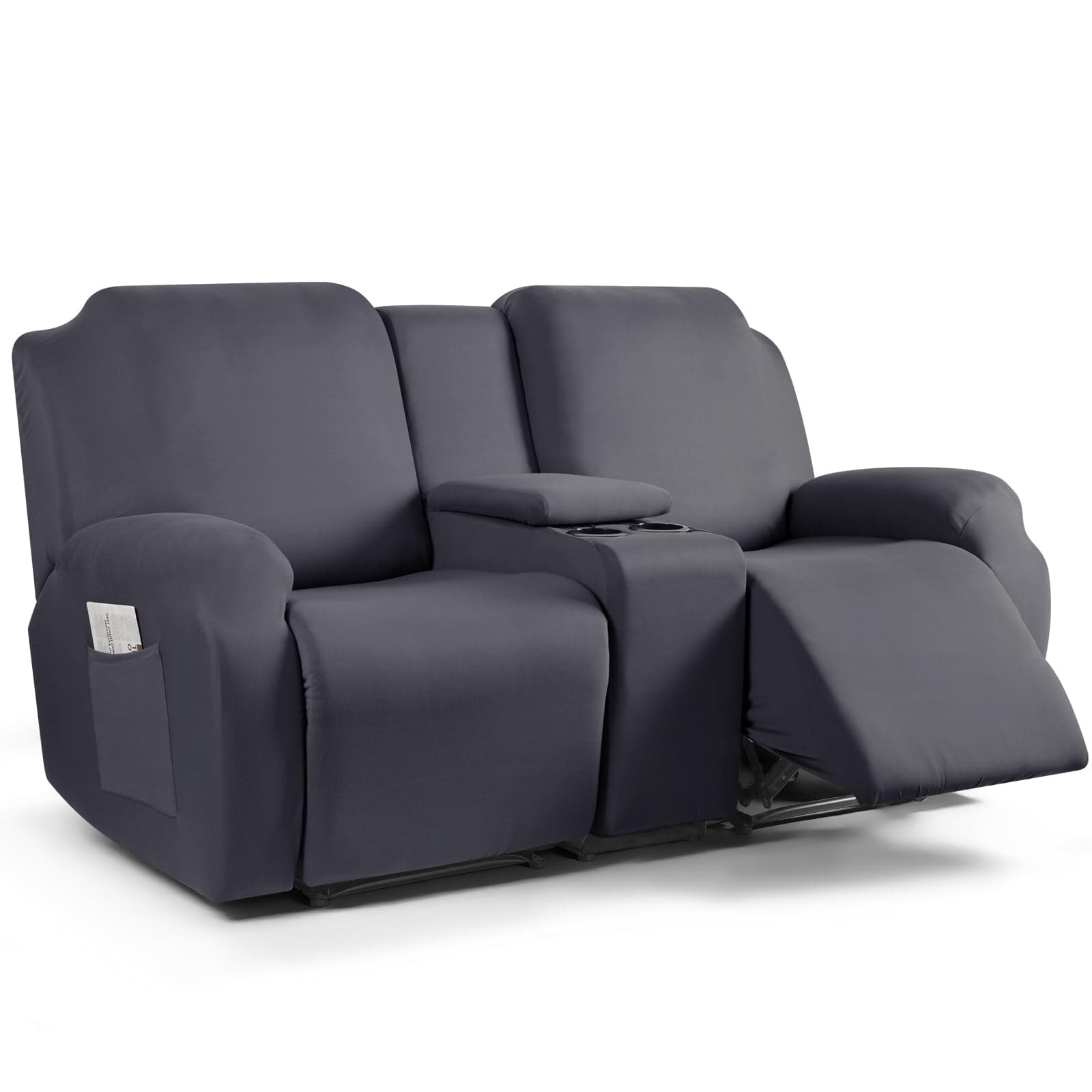 TAOCOCO Reclining Loveseat with Middle Console Slipcover, 4 Piece Polyester Fabric Stretch Loveseat Reclining Sofa Covers (Dark Gray, 2 Seat Recliner Cover with Console)